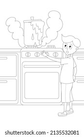 vector illustration coloring a boiling pot on a gas stove. danger gas and fire