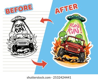 vector illustration for a coloring book with an alien theme driving a red off-road car speeding down a rocky road being chased by a flying saucer or UFO