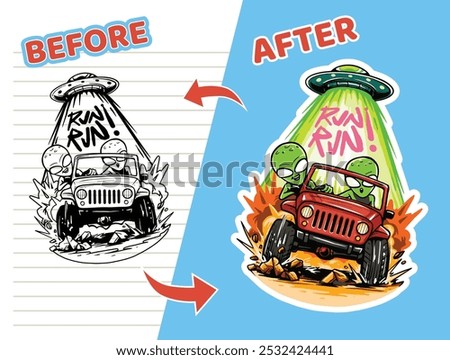 vector illustration for a coloring book with an alien theme driving a red off-road car speeding down a rocky road being chased by a flying saucer or UFO