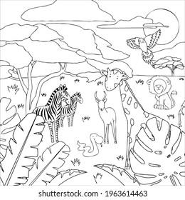 Vector illustration of a coloring book with animals of africa for adults and children. Antelope, lion, snake, zebra in africa coloring book.