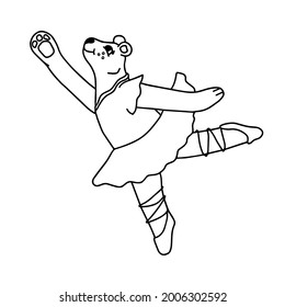 Vector illustration for coloring book ballerina bear. Hand-drawn isolated contour design of teddy bear for nursery, kindergarten, child game.