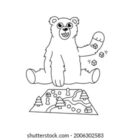 Ilustración vectorial para el oso del libro de colorear juega juegos de mesa. Diseño de osito de peluche con esquinas aisladas a mano para guardería, jardín de infancia, pancarta, afiche.