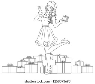 Vector illustration coloring book, beautiful girl with a gift for Christmas.
