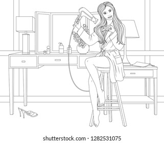 Vector illustration of coloring book, beautiful girl dries hair in front of a mirror after taking a bath.