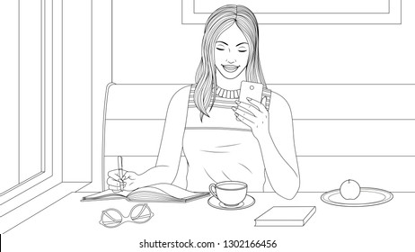 Vector illustration coloring book, beautiful girl has breakfast in a cafe, looks at the phone, writes a message in notebook.