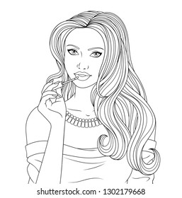 Vector illustration of coloring book, beautiful girl paints her lips with lipstick, applies makeup.