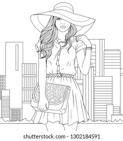 Imagen vectorial del libro de colorear, hermosa chica con sombrero de moda con un bolso de mano glamuroso.