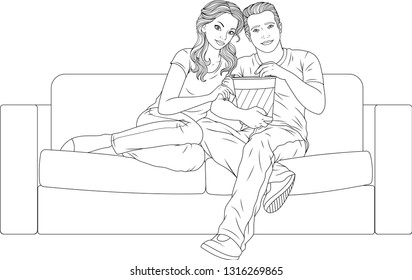 Vector illustration coloring book  beautiful girl and boyfriend sitting the couch   watching TV  eating popcorn
