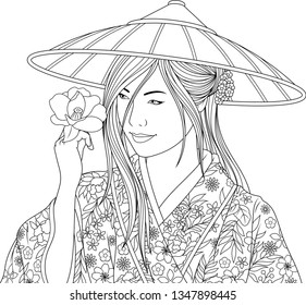 Vector illustration coloring book beautiful girl in kimano and in a hat admiring a flower