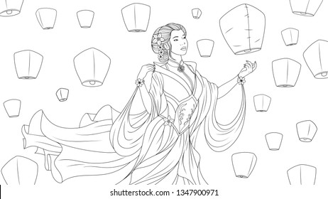 Vector illustration of coloring book, beautiful Japanese girl fantasy launches air fan into the air