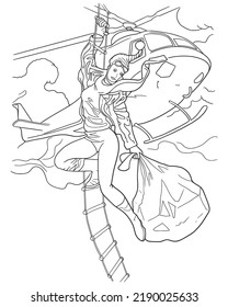 Vector illustration coloring book, beautiful santa girl on a helicopter with gifts for Christmas