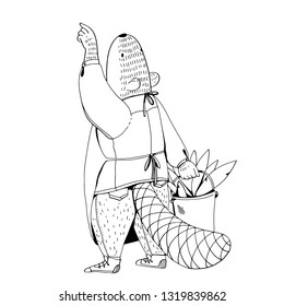 Vector illustration for coloring book. The beaver like human in uniform holding a bucket with leaves reaches out to something