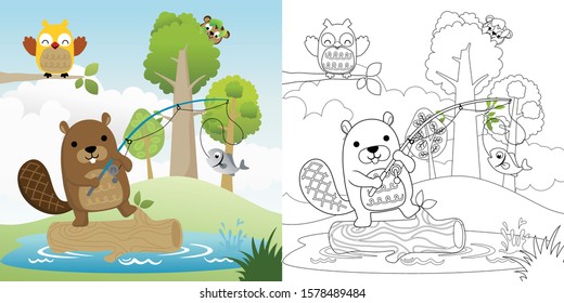 Vector illustration, coloring book of beaver fishing, owl perch on tree branches, monkey hiding on tree