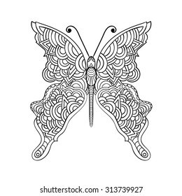 Vector illustration for coloring book. Black and white hand drawn butterfly. 