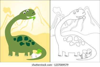 Vector illustration of coloring book with brontosaurus cartoon and it baby