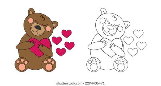 Vektorgrafik farbige Buch brauner Teddybär mit Herzen. Eine Umrisszeichnung schwarz-weiß und eine Farbversion zum Beispiel.