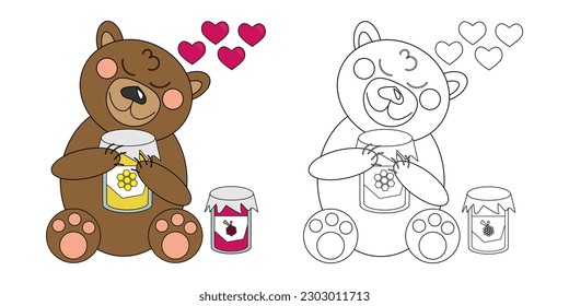 Vector illustration coloring book brown cartoon teddy bear with treats: jars of honey and raspberry jam. An outline black and white drawing and a color version for an example