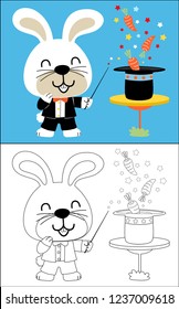 Vector illustration of coloring book with bunny cartoon in magician costume