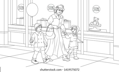 Vector illustration of coloring book, bybuska with grandchildren for a walk, grandmother buys toys for children