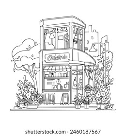 Vector illustration coloring book cafeteria, two story cute house