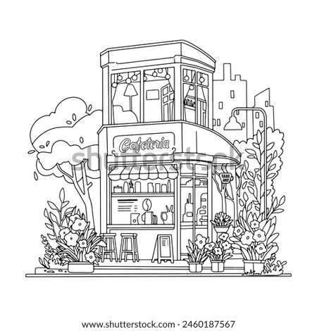Vector illustration coloring book cafeteria, two story cute house