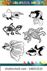 Vector illustration for coloring book cartoon goldfish and education.