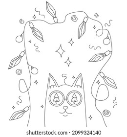 vector illustration for coloring book. cat and garland. holiday theme and christmas concept. line illustration cat, confetti, garlands, Christmas tree toys, lights