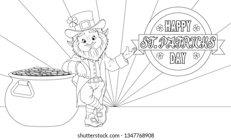 Vector illustration of coloring book, cheerful gnome liprikon stands with a big pot of treasure on  day of St. Patrick