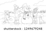 Vector illustration coloring book, children sculpt snowman, play games.
