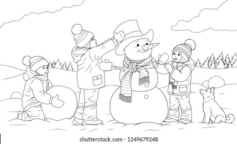 Vector illustration coloring book, children sculpt snowman, play games.