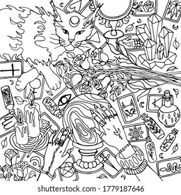 Ilustración vectorial. Libro de Colores para niños y adultos. Colores de imágenes con gato mágico, manos mágicas, objetos para astrología, divinidad. Dibujo de sketch a mano alzada antiestrés.