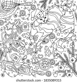 Vector illustration. Coloring Book for children and for adults. Colouring pictures with Christmas cat, ginger biscuit. Christmas and new year theme. Antistress freehand sketch drawing.