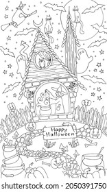 Vector illustration. Coloring Book for children and for adults.  Halloween themed coloring with a witch, a cat and other magical things. The theme of witchcraft. Antistress freehand sketch drawing.