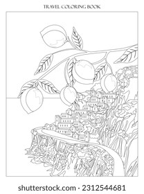 Vector illustration. Coloring book for children, coloring book for adults. Tourist coloring book Amalfi, Italy.