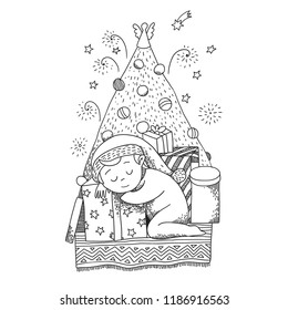 Vector illustration for coloring book. Christmas tree with gifts and sleeping baby in santa hat