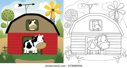 Dibujo vectorial de vacas en el granero, libro de colorear o página