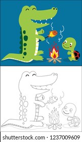 Vector illustration of coloring book with crocodile cartoon and little turtle grilling fish on bonfire