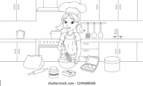 Vector illustration coloring book, cute girl cooks a cake in the kitchen, kneads the dough.