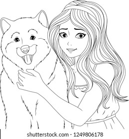 Vector illustration coloring book, cute young girl hugging a dog, friendly hug.