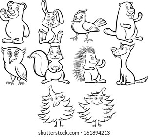 Vector illustration of Coloring book cute cartoon forest animals and trees. Easy-edit layered vector EPS10 file scalable to any size without quality loss. 