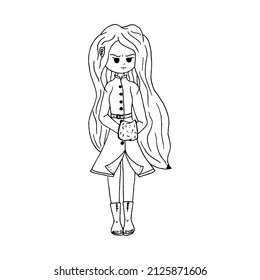 Libro de ilustraciones vectoriales de color que representa a una niña en un abrigo con un embrague de pelo largo. Imagen para colorear. Dibujado a mano.