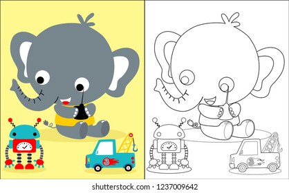 Vector illustration of coloring book with elephant cartoon with it toys