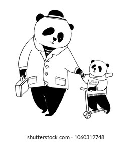 Vector illustration for coloring book. Father panda in jacket going far a walk with his little son panda, who is rolling on a scooter