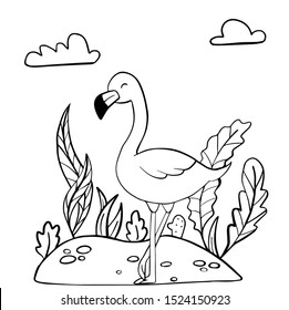 
vector illustration coloring book, flamingo with leaves