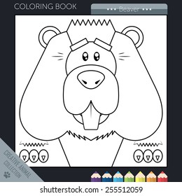 Vector illustration. Coloring book funny cartoon beaver in square style.