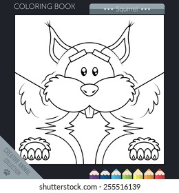Vector illustration. Coloring book funny cartoon squirrel in square style.