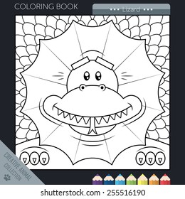 Vector illustration. Coloring book funny cartoon lizard in square style.