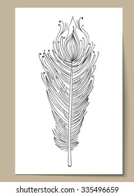 Vector illustration for coloring book. Hand drawn stylized feather. Zentangle element for greeting card and postcard, henna and tattoo design. 