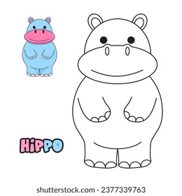 Vector illustration. Coloring book , Coloring hippo. Cartoon animal. Clipart set for nursery poster, Practice skills
