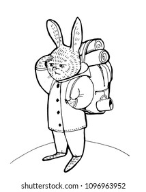  Vector illustration for coloring book. Humanized animal. The rabbit in a shirt and jeans stands on the hill and looks forward